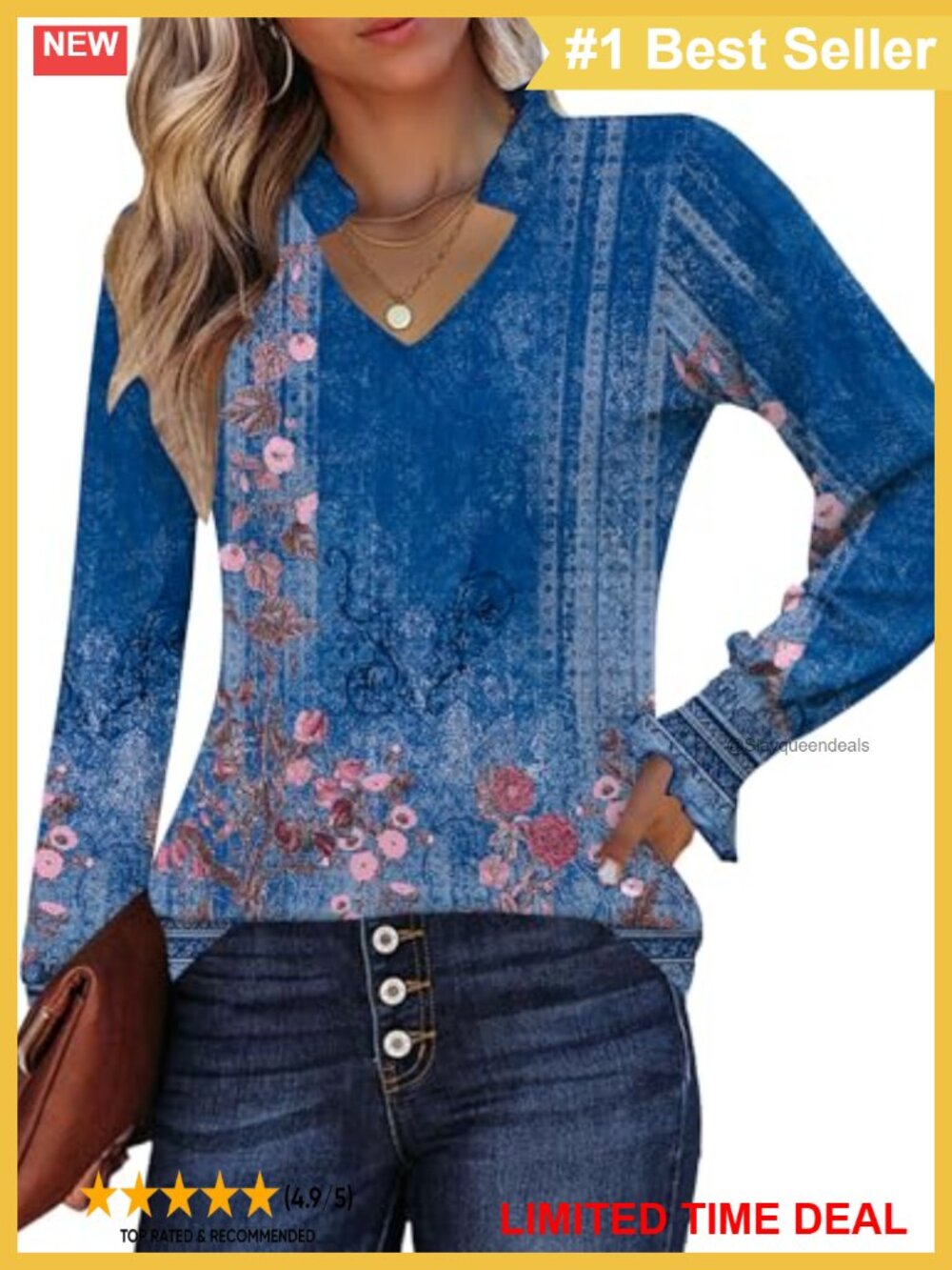 Women's Long Sleeve Pleated Cuff V-Neck Blouse Business Casual Tunic